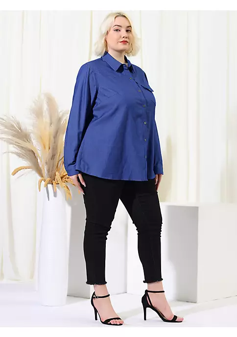 Agnes Orinda Women's Plus Size Denim Blouse, Long Sleeve Chest Pocket Button Down Chambray Shirt 5 Agnes Orinda Women's Plus Size Denim Blouse, Long Sleeve Chest Pocket Button Down Chambray Shirt - Image 3