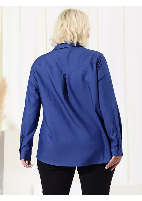 Agnes Orinda Women's Plus Size Denim Blouse, Long Sleeve Chest Pocket Button Down Chambray Shirt 6 Agnes Orinda Women's Plus Size Denim Blouse, Long Sleeve Chest Pocket Button Down Chambray Shirt - Image 4
