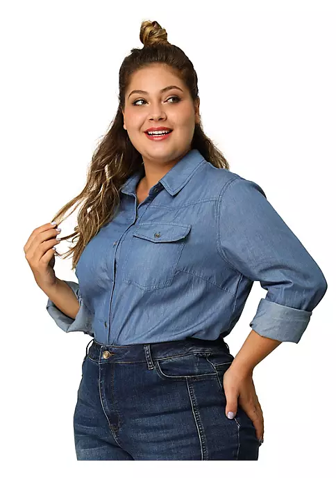 Agnes Orinda Women's Plus Size Denim Blouse, Long Sleeve Chest Pocket Button Down Chambray Shirt 8 Agnes Orinda Women's Plus Size Denim Blouse, Long Sleeve Chest Pocket Button Down Chambray Shirt - Image 6