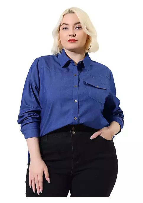 Agnes Orinda Women's Plus Size Denim Blouse, Long Sleeve Chest Pocket Button Down Chambray Shirt 9 Agnes Orinda Women's Plus Size Denim Blouse, Long Sleeve Chest Pocket Button Down Chambray Shirt - Image 7