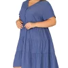 Agnes Orinda Women's Plus Size Denim Tiered Babydoll Short Sleeve Chambray Midi Dress -Agnes Orinda Store Belk 1357
