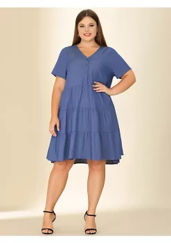Agnes Orinda Women's Plus Size Denim Tiered Babydoll Short Sleeve Chambray Midi Dress -Agnes Orinda Store Belk 1359
