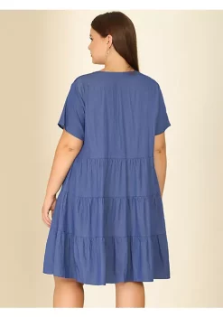 Agnes Orinda Women's Plus Size Denim Tiered Babydoll Short Sleeve Chambray Midi Dress -Agnes Orinda Store Belk 1360