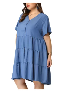 Agnes Orinda Women's Plus Size Denim Tiered Babydoll Short Sleeve Chambray Midi Dress -Agnes Orinda Store Belk 1363