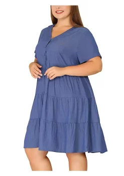 Agnes Orinda Women's Plus Size Denim Tiered Babydoll Short Sleeve Chambray Midi Dress -Agnes Orinda Store Belk 1364