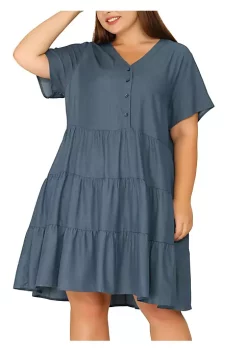 Agnes Orinda Women's Plus Size Denim Tiered Babydoll Short Sleeve Chambray Midi Dress -Agnes Orinda Store Belk 1365