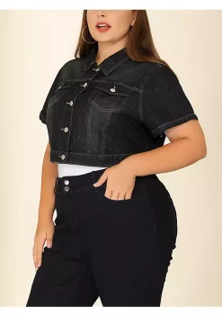 Agnes Orinda Women's Plus Size Cropped Wash Short Sleeves Denim Jacket -Agnes Orinda Store Belk 1368