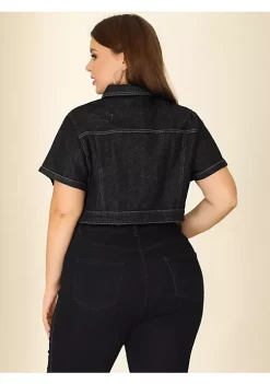 Agnes Orinda Women's Plus Size Cropped Wash Short Sleeves Denim Jacket -Agnes Orinda Store Belk 1369