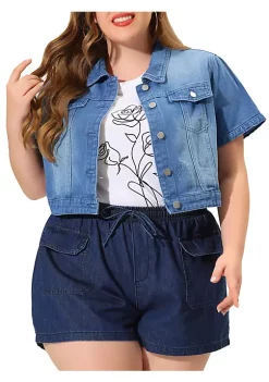 Agnes Orinda Women's Plus Size Cropped Wash Short Sleeves Denim Jacket -Agnes Orinda Store Belk 1372