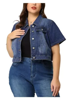 Agnes Orinda Women's Plus Size Cropped Wash Short Sleeves Denim Jacket -Agnes Orinda Store Belk 1373