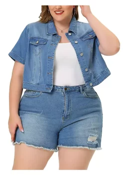 Agnes Orinda Women's Plus Size Cropped Wash Short Sleeves Denim Jacket -Agnes Orinda Store Belk 1374