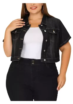 Agnes Orinda Women's Plus Size Cropped Wash Short Sleeves Denim Jacket -Agnes Orinda Store Belk 1375