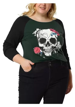 Agnes Orinda Women's Plus Size Tee Shirts Floral Skull Long Sleeve Tops -Agnes Orinda Store Belk 1393