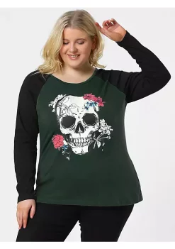 Agnes Orinda Women's Plus Size Tee Shirts Floral Skull Long Sleeve Tops -Agnes Orinda Store Belk 1394