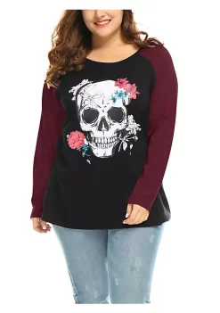 Agnes Orinda Women's Plus Size Tee Shirts Floral Skull Long Sleeve Tops -Agnes Orinda Store Belk 1397