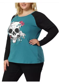 Agnes Orinda Women's Plus Size Tee Shirts Floral Skull Long Sleeve Tops -Agnes Orinda Store Belk 1398