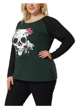 Agnes Orinda Women's Plus Size Tee Shirts Floral Skull Long Sleeve Tops -Agnes Orinda Store Belk 1401