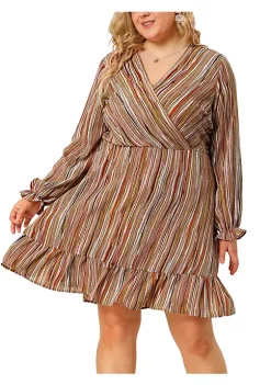Agnes Orinda Women's Plus Size Stripe Puff Long Sleeve Ruffle Bohemian Spring Cinched Waist Midi Dress