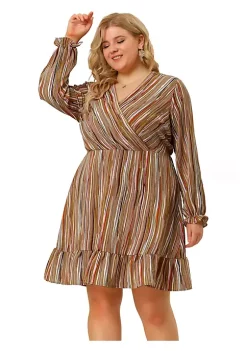 Agnes Orinda Women's Plus Size Stripe Puff Long Sleeve Ruffle Bohemian Spring Cinched Waist Midi Dress -Agnes Orinda Store Belk 1413