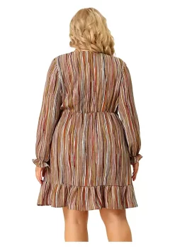Agnes Orinda Women's Plus Size Stripe Puff Long Sleeve Ruffle Bohemian Spring Cinched Waist Midi Dress -Agnes Orinda Store Belk 1414
