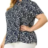 Agnes Orinda Women's Plus Size Spring Floral Tie Neck Short Sleeve Blouse