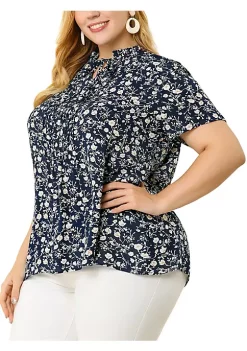 Agnes Orinda Women's Plus Size Spring Floral Tie Neck Short Sleeve Blouse