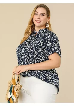 Agnes Orinda Women's Plus Size Spring Floral Tie Neck Short Sleeve Blouse -Agnes Orinda Store Belk 1426