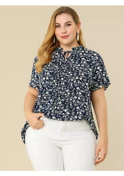 Agnes Orinda Women's Plus Size Spring Floral Tie Neck Short Sleeve Blouse -Agnes Orinda Store Belk 1427