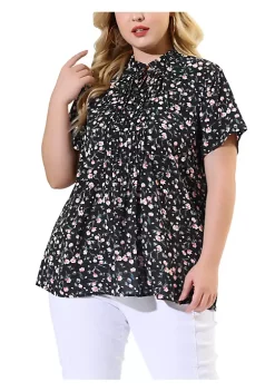 Agnes Orinda Women's Plus Size Spring Floral Tie Neck Short Sleeve Blouse -Agnes Orinda Store Belk 1429