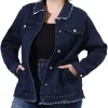 Agnes Orinda Plus Size Denim Jackets for Women Frayed Hem Classic Washed Jean Jacket