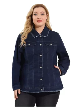 Agnes Orinda Plus Size Denim Jackets for Women Frayed Hem Classic Washed Jean Jacket -Agnes Orinda Store Belk 1436