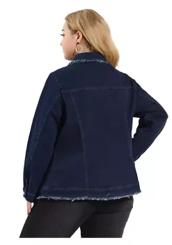 Agnes Orinda Plus Size Denim Jackets for Women Frayed Hem Classic Washed Jean Jacket -Agnes Orinda Store Belk 1437