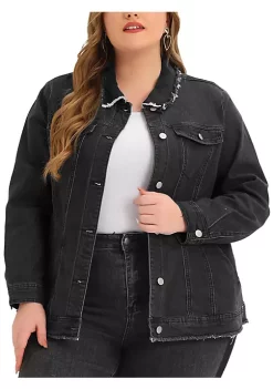 Agnes Orinda Plus Size Denim Jackets for Women Frayed Hem Classic Washed Jean Jacket -Agnes Orinda Store Belk 1438