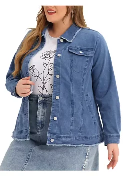 Agnes Orinda Plus Size Denim Jackets for Women Frayed Hem Classic Washed Jean Jacket -Agnes Orinda Store Belk 1440