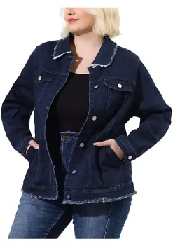 Agnes Orinda Plus Size Denim Jackets for Women Frayed Hem Classic Washed Jean Jacket -Agnes Orinda Store Belk 1441