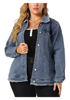 Agnes Orinda Plus Size Denim Jackets for Women Frayed Hem Classic Washed Jean Jacket -Agnes Orinda Store Belk 1442