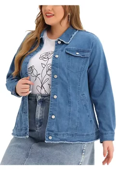 Agnes Orinda Plus Size Denim Jackets for Women Frayed Hem Classic Washed Jean Jacket -Agnes Orinda Store Belk 1443