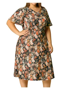 Agnes Orinda Women's Plus Size Spring Retro Floral Short Sleeve Flare Midi Dress