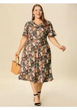 Agnes Orinda Women's Plus Size Spring Retro Floral Short Sleeve Flare Midi Dress -Agnes Orinda Store Belk 1462