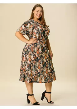 Agnes Orinda Women's Plus Size Spring Retro Floral Short Sleeve Flare Midi Dress -Agnes Orinda Store Belk 1463