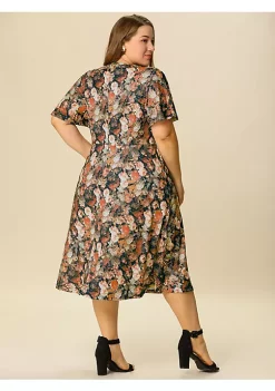 Agnes Orinda Women's Plus Size Spring Retro Floral Short Sleeve Flare Midi Dress -Agnes Orinda Store Belk 1464