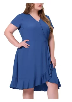 Agnes Orinda Women's Plus Size Denim Wrap Elastic Waist Ruffle Short Sleeve Dress