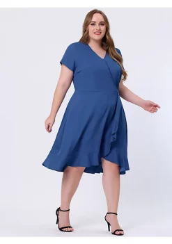 Agnes Orinda Women's Plus Size Denim Wrap Elastic Waist Ruffle Short Sleeve Dress -Agnes Orinda Store Belk 1469