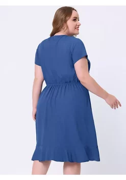 Agnes Orinda Women's Plus Size Denim Wrap Elastic Waist Ruffle Short Sleeve Dress -Agnes Orinda Store Belk 1470