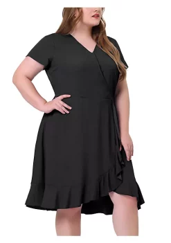 Agnes Orinda Women's Plus Size Denim Wrap Elastic Waist Ruffle Short Sleeve Dress -Agnes Orinda Store Belk 1472