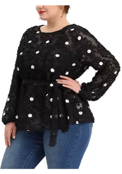 Agnes Orinda Plus Size for Women Belted Waisted Blouse, Polka Dots Lace Long Sleeve Tops