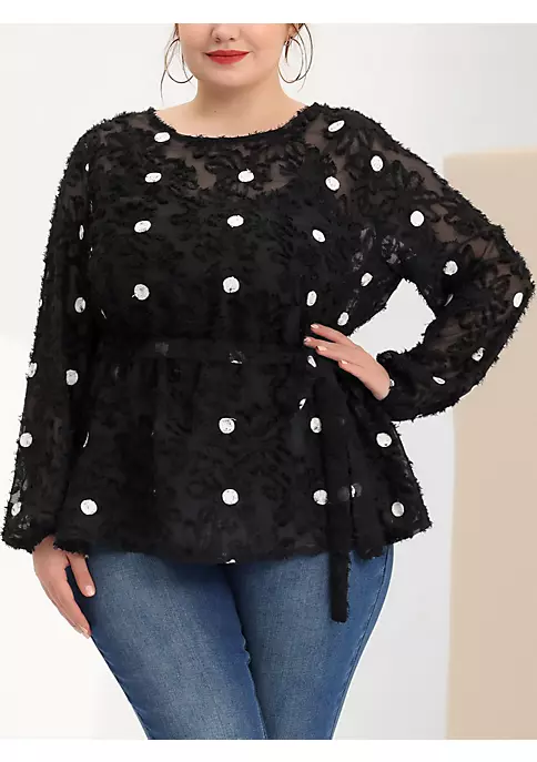 Agnes Orinda Plus Size for Women Belted Waisted Blouse, Polka Dots Lace Long Sleeve Tops 4 Agnes Orinda Plus Size for Women Belted Waisted Blouse, Polka Dots Lace Long Sleeve Tops - Image 2