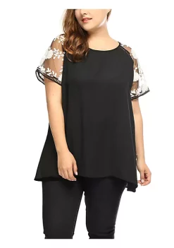 Agnes Orinda Women's Plus Size Sheer Tops, Mesh Panel Crochet Raglan Sleeves Ladder Trim Detail Blouses