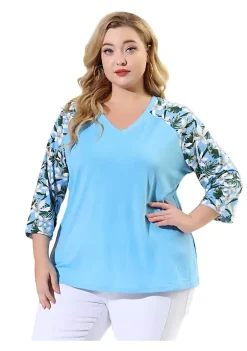 Agnes Orinda Women's Plus Size Tops Casual V Neck 3/4 Sleeve Floral Raglan Top Blouse Mothers Day Gifts