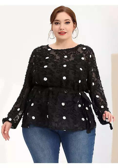 Agnes Orinda Plus Size for Women Belted Waisted Blouse, Polka Dots Lace Long Sleeve Tops 5 Agnes Orinda Plus Size for Women Belted Waisted Blouse, Polka Dots Lace Long Sleeve Tops - Image 3